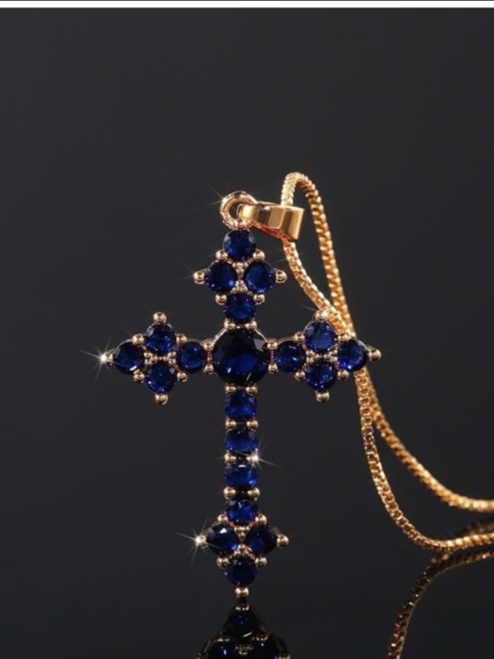 Gold Tone Yellow Gold Plated Blue Rhinestone Cross Charm Snake Chain Necklace